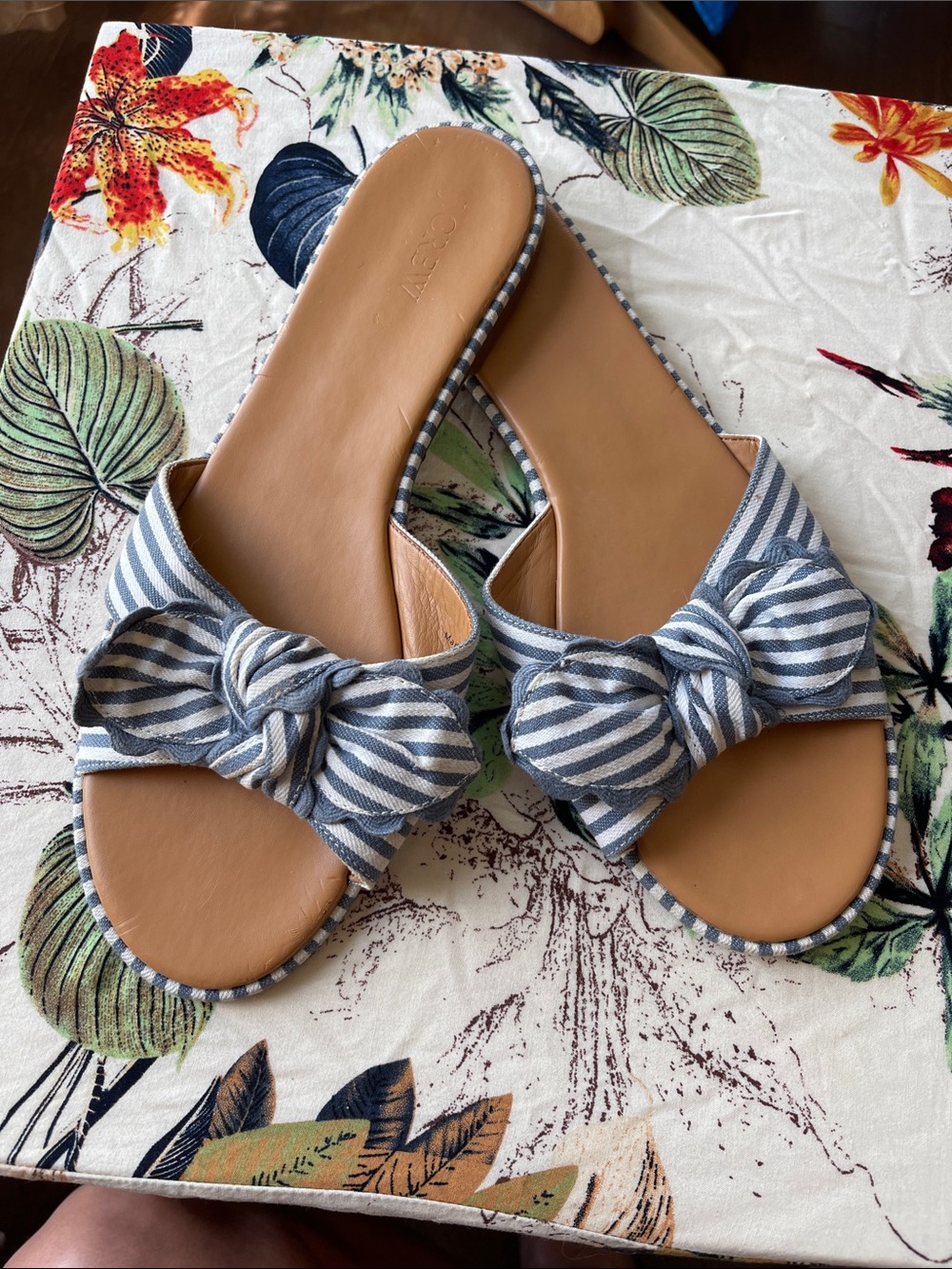 J. Crew Blue and White Striped Knot Slide Sandals with Tan Footbed